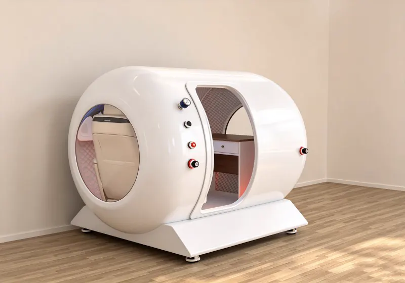 White hard shell hyperbaric chamber with a circular side window, cream seat, interior desk and pressure gauge.