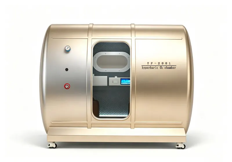 Gold hard shell hyperbaric chamber with a transparent door, oval viewing window, padded interior and pressure gauge.
