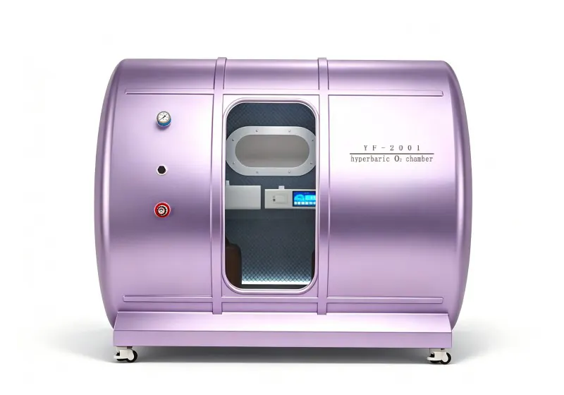 Purple hard shell hyperbaric chamber with a transparent door, oval viewing window, padded interior and pressure gauge.