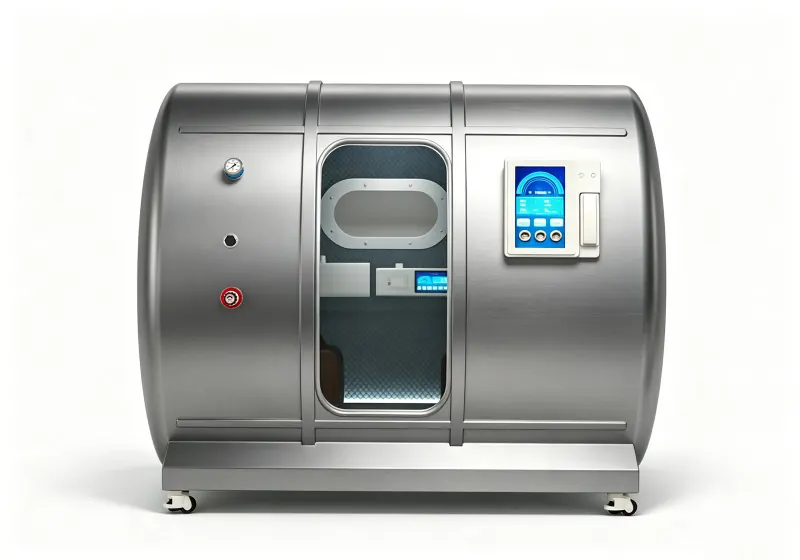 Silver hard shell hyperbaric chamber with a touchscreen control panel, transparent door, oval viewing window and pressure gauge.
