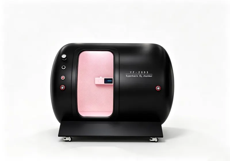 Black YF-2003 hard shell hyperbaric chamber with pink interior lighting, quilted padding and an interior control panel.