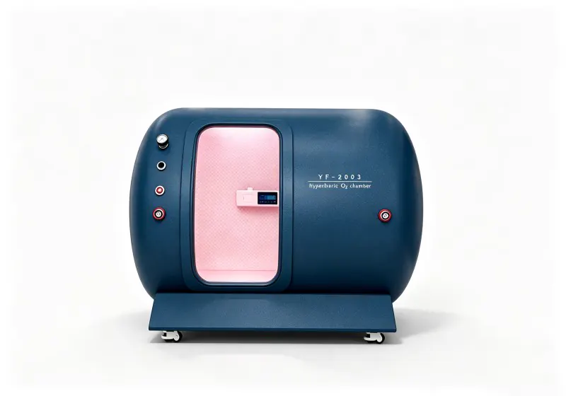 Blue YF-2003 hard shell hyperbaric chamber with pink interior lighting, quilted padding and an interior control panel.