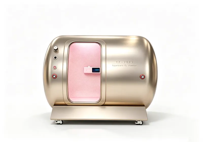 Gold YF-2003 hard shell hyperbaric chamber with pink interior lighting, quilted padding and an interior control panel.