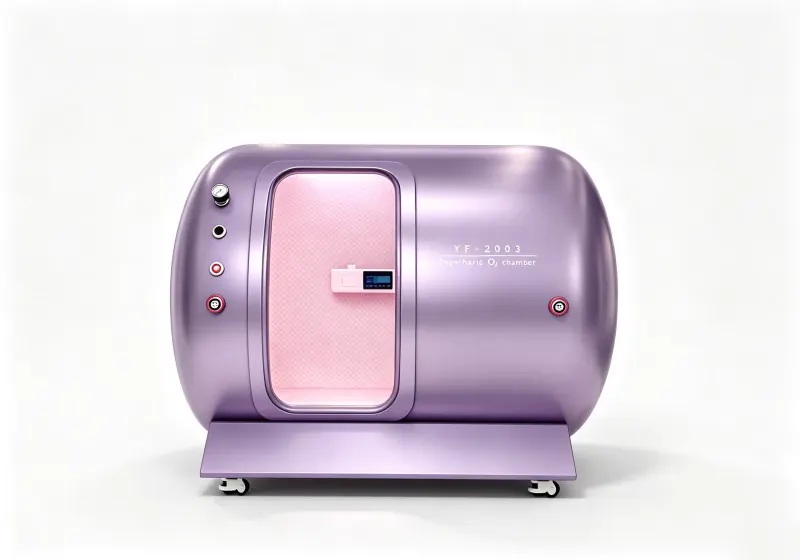 Purple YF-2003 hard shell hyperbaric chamber with pink interior lighting, quilted padding and an interior control panel.