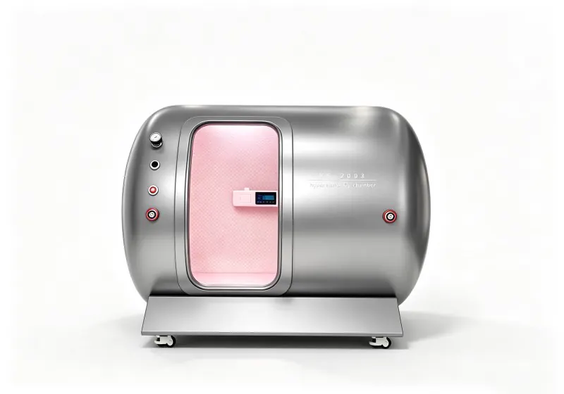 Silver YF-2003 hard shell hyperbaric chamber with pink interior lighting, quilted padding and an interior control panel.