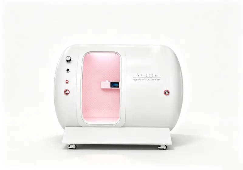 White YF-2003 hard shell hyperbaric chamber with pink interior lighting, quilted padding and an interior control panel.