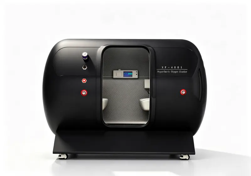 Black four person hard shell hyperbaric chamber with cream seats, quilted interior and an interior control panel.