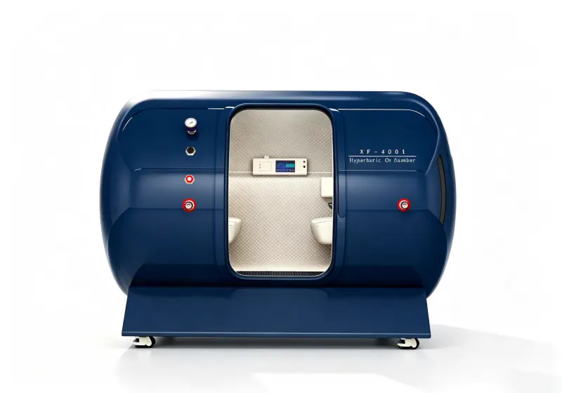 Blue four person hard shell hyperbaric chamber with cream seats, quilted interior and an interior control panel.