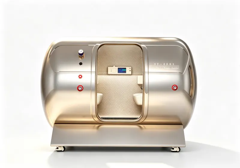 Gold four person hard shell hyperbaric chamber with cream seats, quilted interior and an interior control panel.