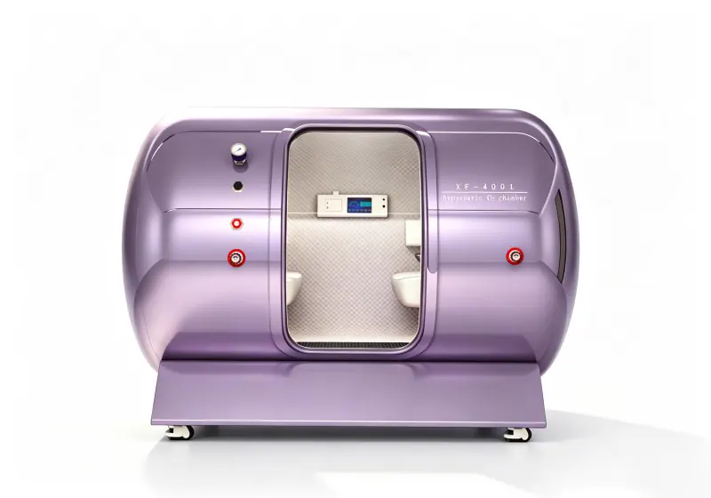 Purple four person hard shell hyperbaric chamber with cream seats, quilted interior and an interior control panel.