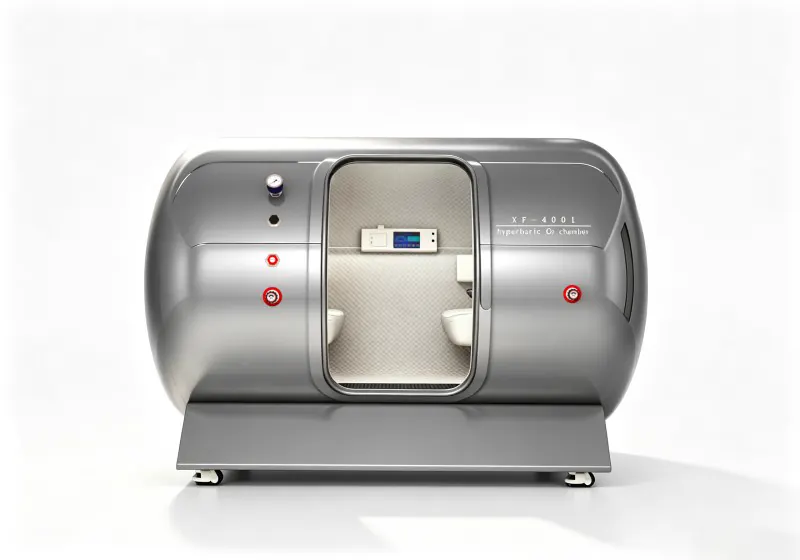 Silver four person hard shell hyperbaric chamber with cream seats, quilted interior and an interior control panel.