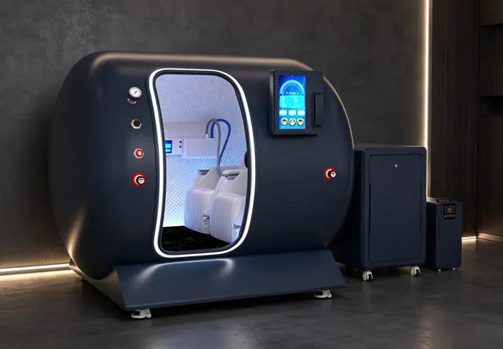 Dark blue YF-2003 two person hyperbaric chamber with white padded seats, blue tubing, touchscreen controls and external equipment.