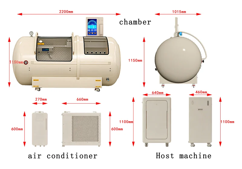 YF-1001 horizontal hyperbaric chamber dimension diagram showing a 2200 × 1015 × 1150 mm chamber, air conditioner and main equipment unit.