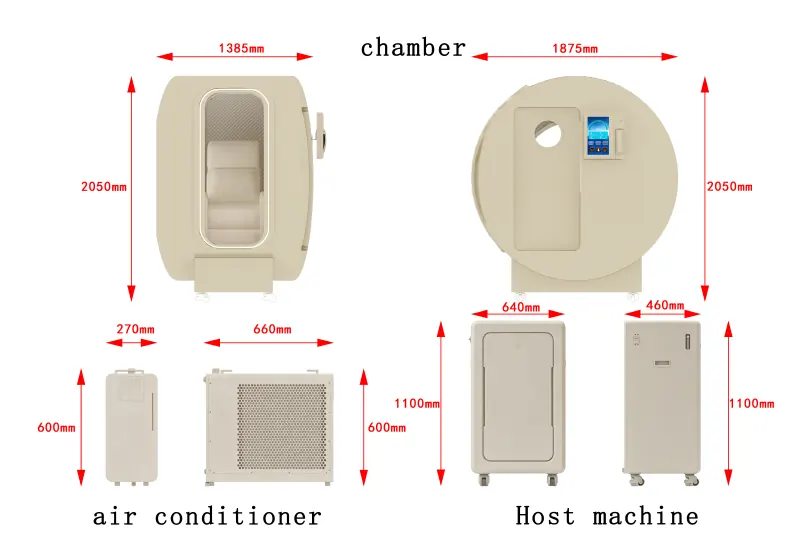 YF-1004 seated hyperbaric chamber dimension diagram showing a 1385 × 1875 × 2050 mm chamber, air conditioner and main equipment unit.