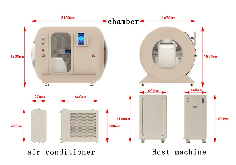YF-1008 hard shell hyperbaric chamber dimension diagram showing a 2150 × 1675 × 1800 mm chamber, air conditioner and main equipment unit.