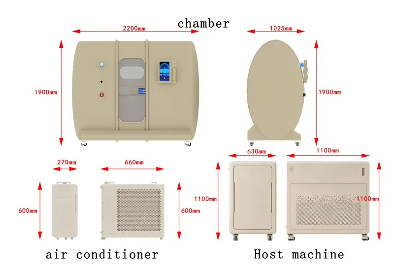 YF-2001 two person hyperbaric chamber dimension diagram showing a 2200 × 1025 × 1900 mm chamber, air conditioner and main equipment unit.