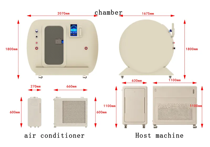 YF-2003 two person hyperbaric chamber dimension diagram showing a 2070 × 1675 × 1800 mm chamber, air conditioner and main equipment unit.