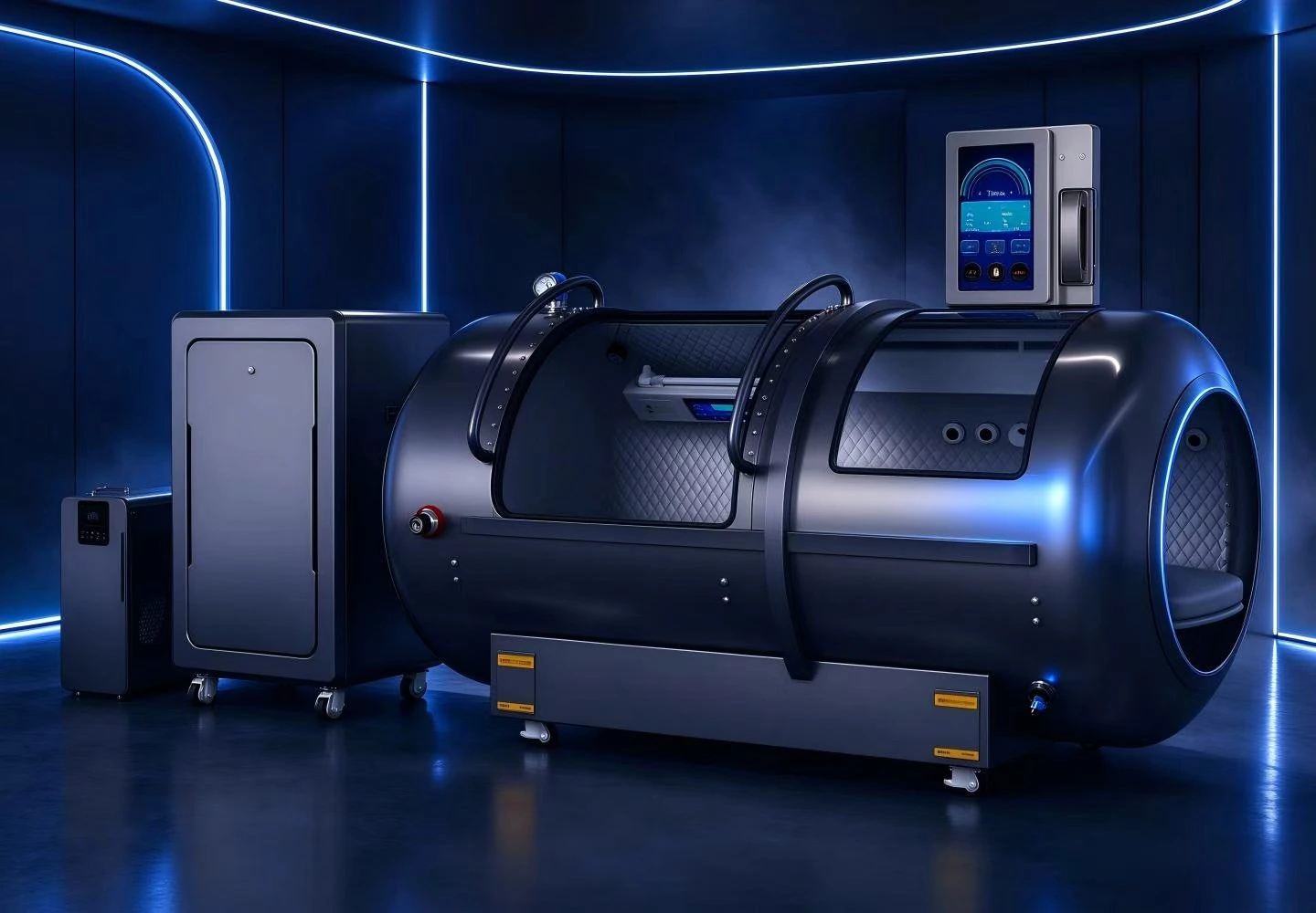 YF-1001 dark blue horizontal hard shell hyperbaric chamber with viewing panels, padded interior and matching external equipment.