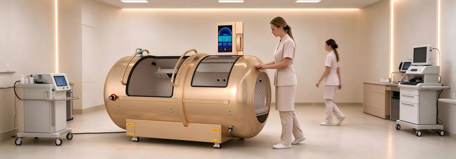 Gold YF-1001 horizontal hard shell hyperbaric chamber with touchscreen controls and two staff members in a bright equipment room.