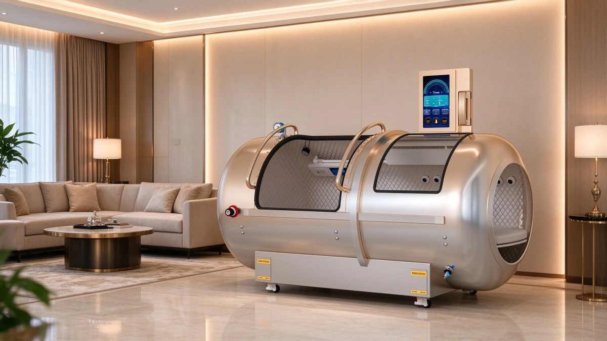Silver YF-1001 horizontal home hyperbaric chamber with touchscreen controls beside a sofa in an elegant living room.