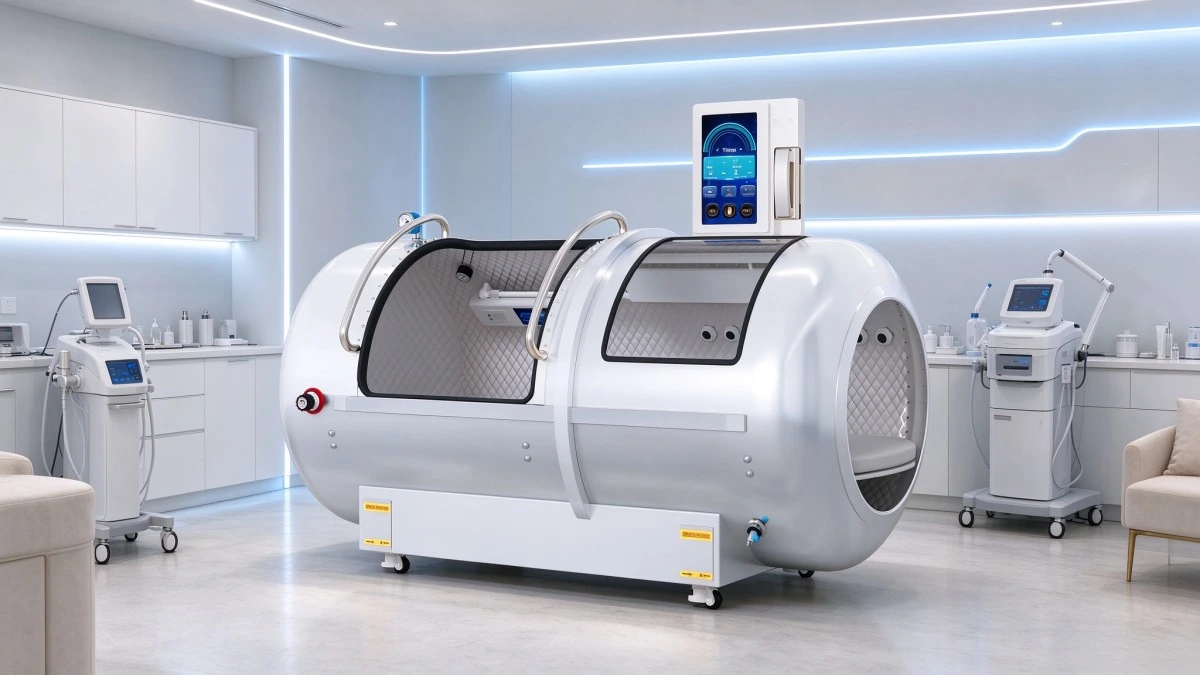 White YF-1001 hard shell hyperbaric chamber in a beauty treatment room with skincare equipment and blue accent lighting.