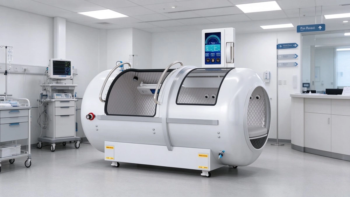 White YF-1001 horizontal hyperbaric chamber in a hospital-style room with monitoring equipment and a reception counter.