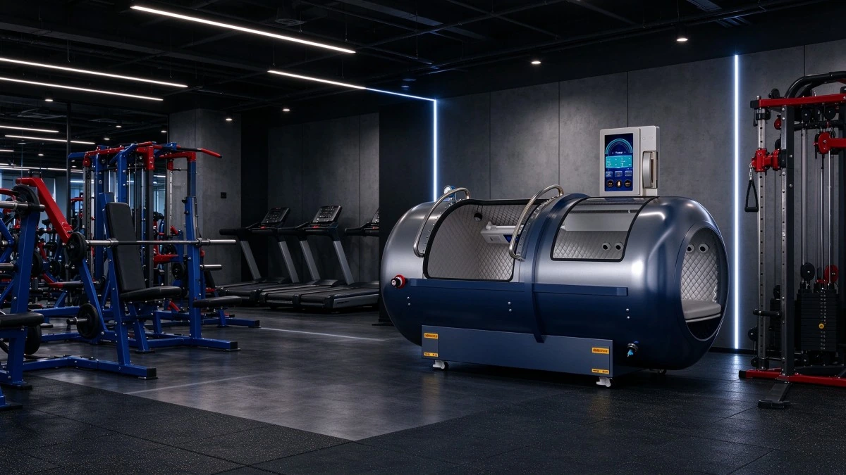 Dark blue YF-1001 hard shell hyperbaric chamber beside treadmills and strength training equipment in a gym.