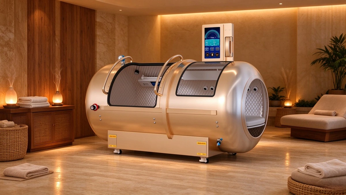 Gold YF-1001 horizontal hyperbaric chamber in a warmly lit spa room with towels and a lounge chair.
