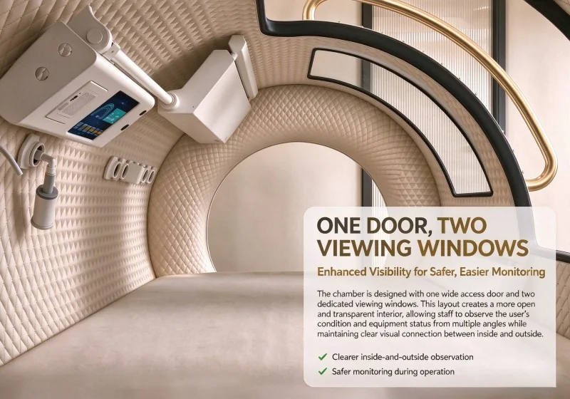 YF-1001 interior with one access door and two viewing windows, quilted padding, overhead controls and clear visibility for monitoring.