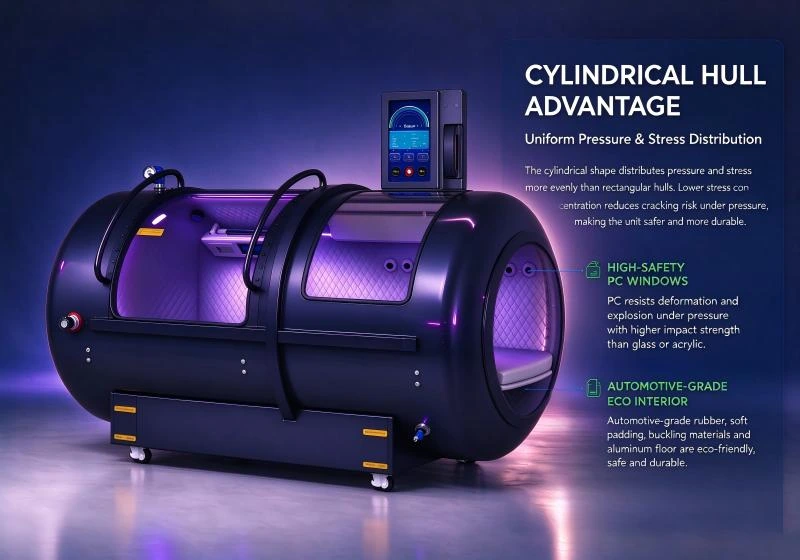 YF-1001 cylindrical hard shell hyperbaric chamber highlighting uniform pressure distribution, high-safety PC viewing windows and automotive-grade interior materials.