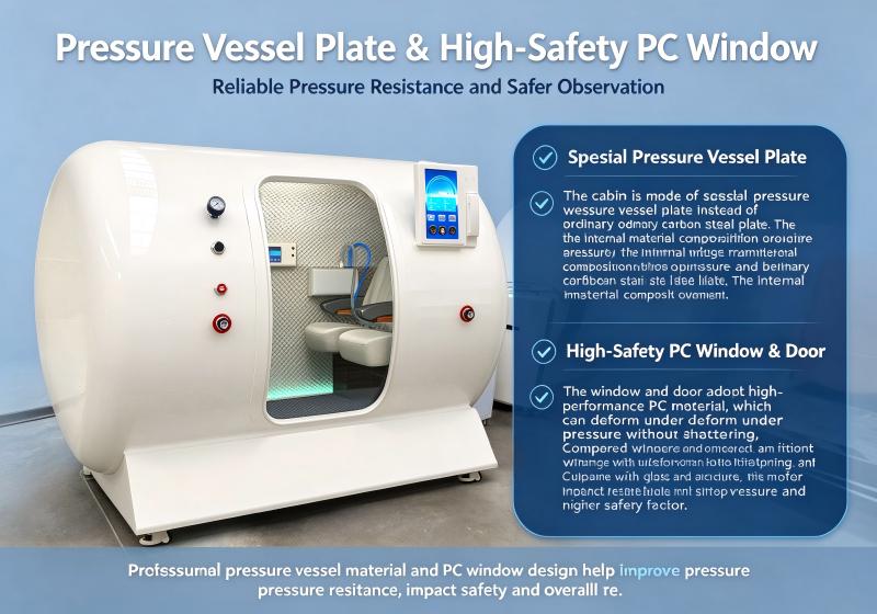 White YF-4001 hard shell hyperbaric oxygen chamber with an exterior touchscreen and transparent door, alongside information about pressure vessel plate and PC window materials.